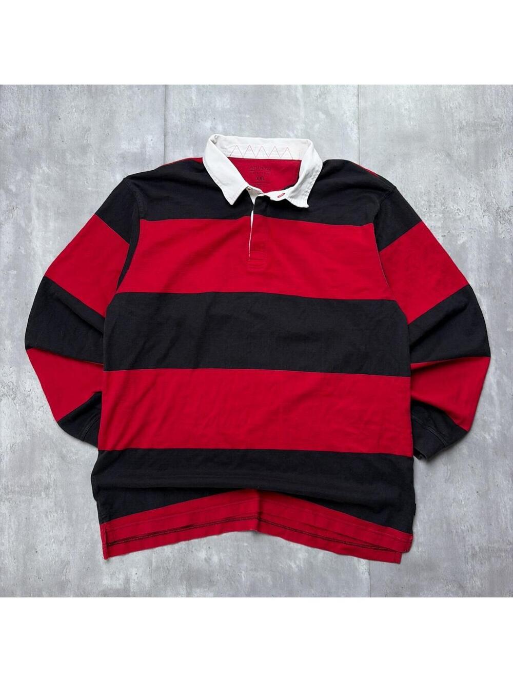 Y2K Red Arrow Grunge Striped Rugby Long Sleeve Polo Shirt